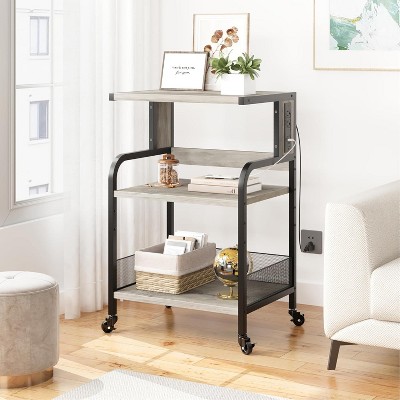 Acekool Large Mobile Printer Stand with Power Outlets and USB Ports, Adjustable 3-Tier Rolling Cart with Wheels for Home Office, Rustic Black