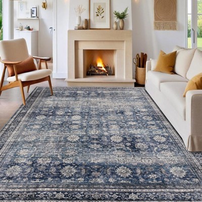 Washable Area Rugs Vintage Distressed Accent Carpet with Non-Slip Backing, Floral Print Indoor Mat, Traditional Low Pile Floor Cover