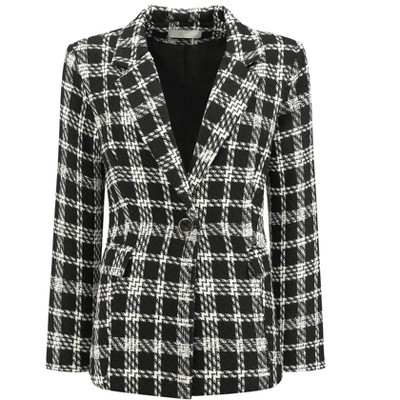 INSPIRE CHIC Women's Plaid Tweed Notched Lapel Long Sleeve One Button Suit Blazer