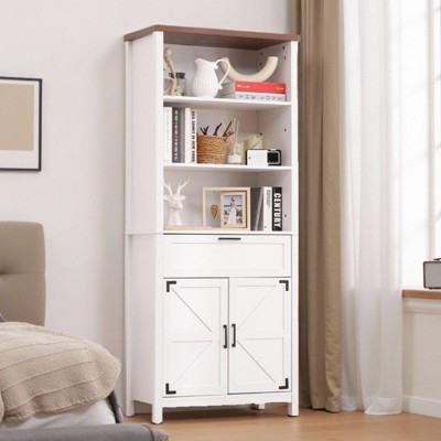 Farmhouse Bookshelf, 72" Tall Bookshelf with Doors and Drawer, 15" Deep Farmhouse Book Shelf with Storage Cabinet, Floor Standing Book Case