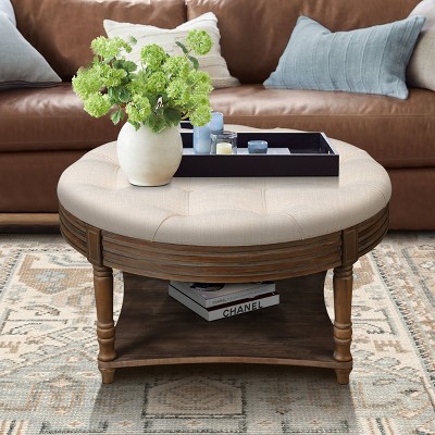 Large Round Ottoman Coffee Table, 2-Tier Button Tufted Linen Upholstered Pouf Coffee Table with Wooden Storage Shelf for Living Room – Cuddlewood
