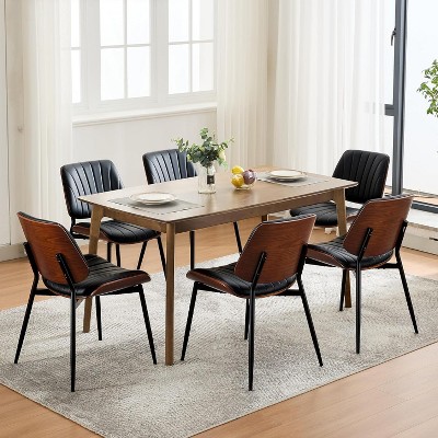 coucheta Dining Chairs Set of 6 - Mid Century Modern Upholstered Retro PU Leather Chairs with Walnut Bentwood Back, for Dining Room, Kitchen, Black