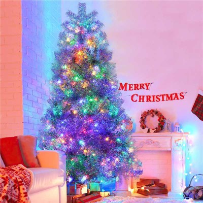 Gulches 7.4FT Silver Pre-lit Hinged Xmas Tree,400 LEDs,1200 Tips,11 Modes,Metal Stand