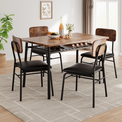 5-Piece Dining Table Set for 4 – Modern Wood Table with Storage Rack & 4 Upholstered Chairs