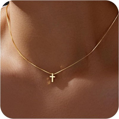 14K Gold & Silver Cross Necklace – Dainty Non-Tarnish Choker, Religious Jewelry Gift for Women