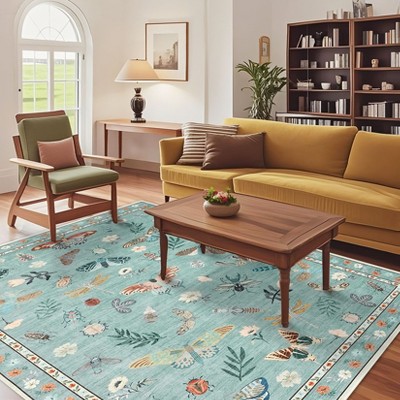 Rugs for Living Room, Floral Insect Botanical Area Rug, Soft Washable Non Slip Low Pile Rug Bedroom Home Decor