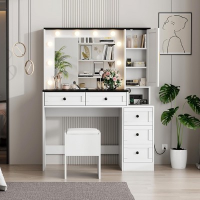 Makeup Vanity Desk and Stool, Vanity Desk with Lights in 3 Colors, Vanity Table Set with Charging Station, Drawers and Hidden Storage Shelves