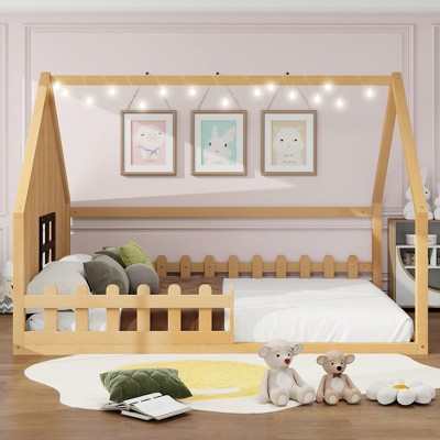 Whisen Full Size Wood House Bed with Window and Fence