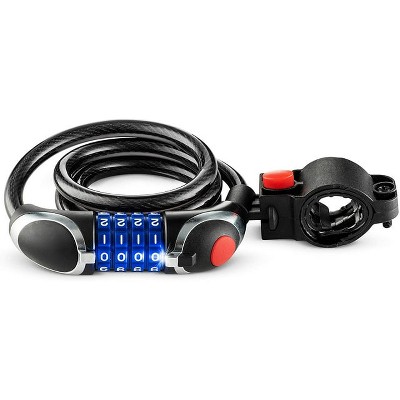 Self-Coiling Bike Cable Lock with LED Light – Resettable Combination, Steel Braided Security, Includes Mounting Bracket for Bikes & Scooters
