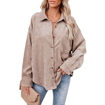 Coolmee Women's Corduroy Button Down Shirts Boyfriend Long Sleeve Oversized Blouses Tops