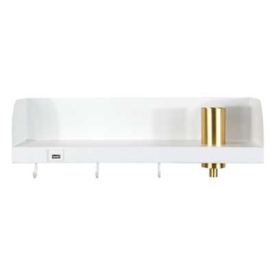 Storied Home 15.75 in.W Metal Wall Shelf with Light, USP, and 3 Hooks