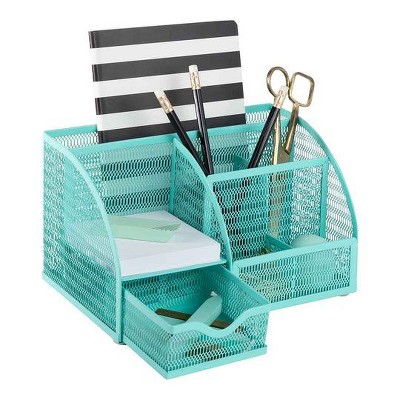 Blu Monaco Desk Organizer with Drawer - Small Metal Mesh Organizer Available in Aqua, Gold, and Pink