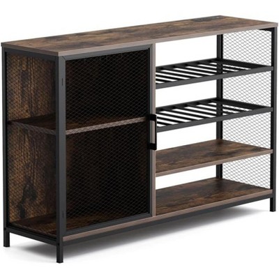 Acekool Bar Cabinet with Adjustable Shelves, Mesh Doors, Power Outlets, Wine Glass Holders, Storage for Kitchen or Dining Room, Tan