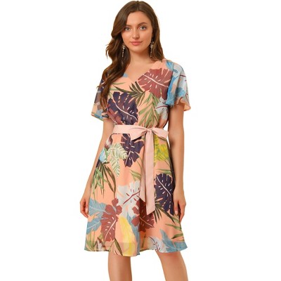 INSPIRE CHIC Women's V Neck Flutter Sleeve Chiffon Dresses