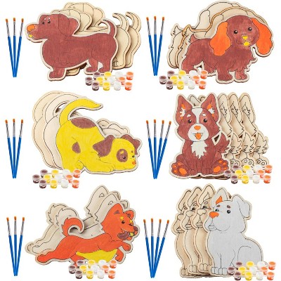 Kids Wood Painting Party Craft Kits (20ct)- 6 Different Dog Designs- Brush, Paint, Wood Craft-Birthday Party Activity, Favors or Classroom School Gift