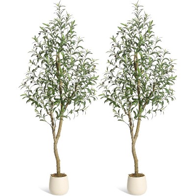Artificial Olive Tree, Faux Silk Plant with White Planter, Natural Trunk & Fruits for Home or Office Decor
