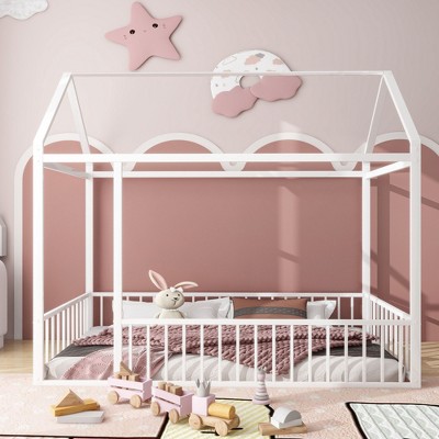 CAVINAS Twin/Full Size Bed Frame with House Roof & Fences,Metal Floor Bed for Kids Room,Bedroom