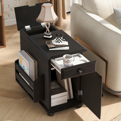 Vintage End Table Flip Top Side Table with USB Ports, Multifunctional Drawer w/ Cup holders, Sofa Couch Table with Bookshelf for Living Room