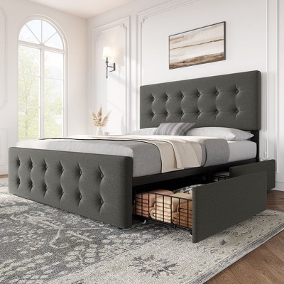 Whizmax Bed Frame with 4 Storage Drawers , Upholstered Platform Bed Frame with Wooden Slats Support, Button Tufted Design, No Box Spring Needed
