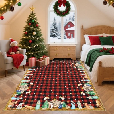 Christmas Living Room Rug, Plaid Aesthetic Printed Christmas Rugs, Soft Xmas Washable Rug for Bedroom Dining Room, Area Rug Carpets for Under Table
