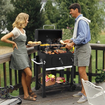 ROVSUN Charcoal Grill with Side Tables, Large Cooking Area, Individual Lifting Charcoal Trays, Pull-Out Ash Tray, BBQ Grill for Outdoor, Picnic