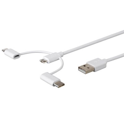 Monoprice MFi Certified USB to Micro USB + USB-C + Lightning Cable - 3-in-1 Charge & Sync Cable, 3ft, White