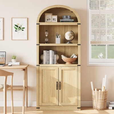 71.65" Bookcase with Doors Arched Bookshelf Tall Bookcase Farmhouse Cabinet with Shelves Wooden Bookshelves for Home Office, Living Room