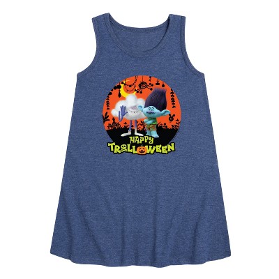 Girls' - Trolls - Happy Trolloween Branch and Cloud Guy Graphic Sleeveless Aline Dress