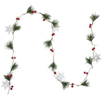 Northlight Pre-lit LED Battery Operated Berry and Snowflake Christmas Garland - 6' - Warm White