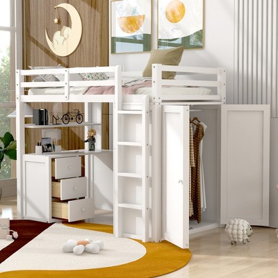 Twin size Loft Bed with Drawers, Desk and Wardrobe-ModernLuxe