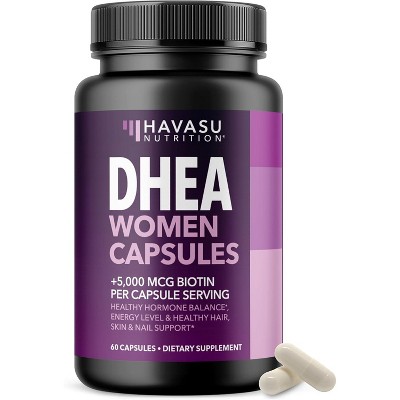 DHEA Supplement for Women with Biotin 5000mcg, DHEA 50mg and Biotin Capsules for Hormone Balance and Hair, Skin, Nail Support, Havasu Nutrition, 60ct
