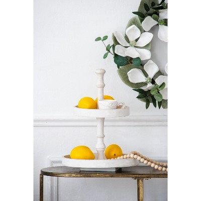 Hachikiko Two-Tiered Round Wooden Tray - 11.8"×11.8"×15.4" Farmhouse Decorative Serving Stand for Appetizers, Cakes, Fruit, Halloween & Everyday Use