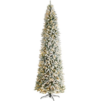 Nearly Natural 10-ft Slim Flocked Montreal Fir Artificial Christmas Tree with 800 Warm White LED Lights and 2420 Bendable Branches