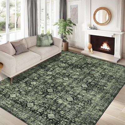 Acekool 10x13 Washable Area Rug, Non Slip Boho Vintage Floral Low Pile Large Carpet for Living Room Bedroom Office, Black Brown