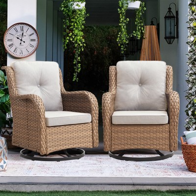 POCASSY Wicker Swivel Rocking Chairs, Oversized Rocker Patio Chairs Set Rattan Glider Chairs for Outdoor Porch Deck Backyard