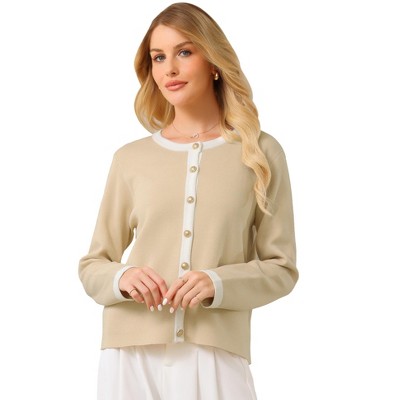 INSPIRE CHIC Women's Button Down Crew Neck Contrast Trim Long Sleeve Knit Ribbed Jacket