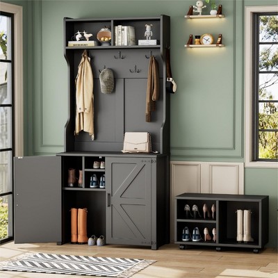4-in-1 Hall Tree with Barn Doors, Movable Bench, 7 Hooks, and 9"H Entryway Coat Rack
