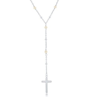 Bella Silver Sterling Silver  Freshwater Pearl & Plain Beads by the Yard Cross Rosary Necklace - White - 16+2 Inch