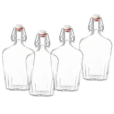Bormioli Rocco Fiaschetta Glass 8.5 Ounce Hermetic Pocket Flask, Set of 4, Clear w/ White/Red Stopper