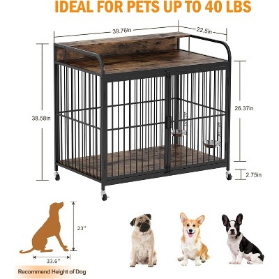 39.8 Inches Dog Crate Furniture with Adjustable Height Feeder, Heavy Duty Dog House for Medium Dogs with 360°Wheels