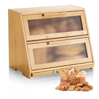 VEVOR Double Layer Bread Box for Kitchen Counter, Large Capacity Bamboo Bread Storage Container, Farmhouse Wooden Breadbox, Natural