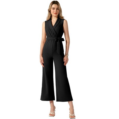 Allegra K Women's Elegant Office Work Sleeveless Wide Belted Leg Jumpsuit Romper