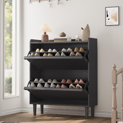 Shoe Cabinet with 2 Flip Drawers, Wooden Shoe Organizer with Adjustable Shelf