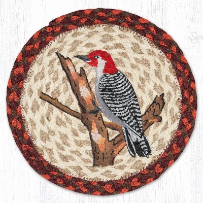 Earth Rugs Eco-Friendly Bird Decor – Round Braided Jute Trivet with Hand-Stenciled Woodpecker
