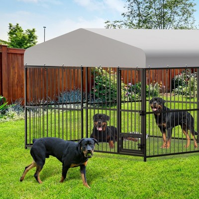 Dog Kennel, 8¡Á4¡Á6FT Large Heavy Duty Outdoor Metal Dog Cage - Weatherproof, Lock, Feeding Bowl & Waterproof Roof (All Breeds)