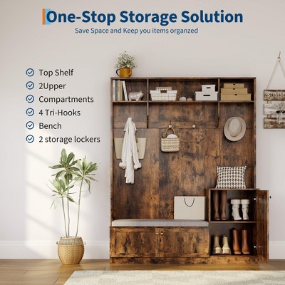 5-in-1 Hall Tree with Padded Bench, Coat Rack & Shoe Storage, 4 Double Hooks, 2 Cabinets, 3 Shelves & Adjustable Shelf,