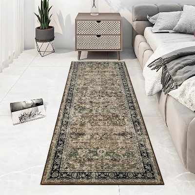 2'x6'Vintage Floral Washable Rug Non-Slip, Retro Low Pile Throw Rug for Living Room Bedroom Dining Room, Soft Foldable Carpet,Brown