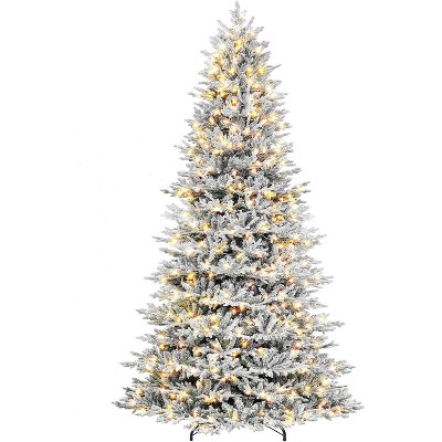 Vivatrees 7.5/9/12 Ft Prelit Snow Flocked Hinged Artificial Christmas Tree, with Warm White Lights, Metal Stand, Hinged Branches, Xmas Decor, White
