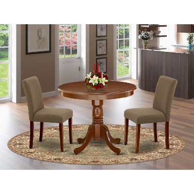 HomeStock Belmont 3Pc Rounded 36 Inch Dinette Table And Two Parson Chair With Mahogany Leg And Linen Fabric Coffee