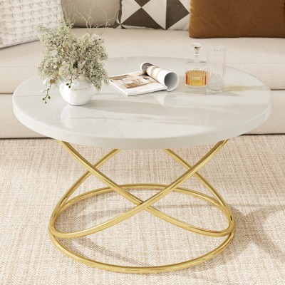 Bekrvio 31.5'' Round Glass/Faux Marble Coffee Table with Gold-Plating Bright Metal Oval Frame,Modern Circle Coffee Table for Living Room